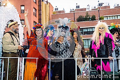 Group of cute and scary witches at NYC Village Halloween parade Editorial Stock Photo