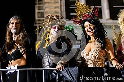 Group of cute and scary witches at NYC Village Halloween parade Editorial Stock Photo