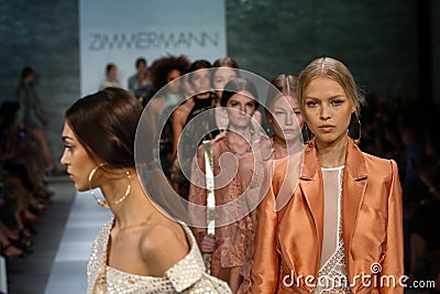 NEW YORK, NY - SEPTEMBER 05: Models walk the runway finale at the Zimmermann fashion show Editorial Stock Photo