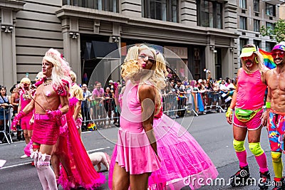 NEW YORK, NY, US - June 25, 2023: Pride march parade 2023 in New York. barbie pink men gay pride rainbow lgbtq . lgbt Editorial Stock Photo
