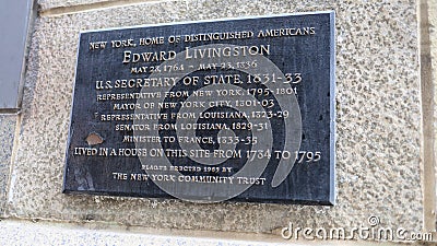 Plaque honoring Edward Livingston Editorial Stock Photo