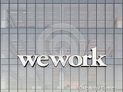 New York, NY, USA. May 2, 2022. Editorial Use Only, 3D CGI. WeWork Signage Logo on Top of Glass Building. Workplace Coworking Editorial Stock Photo