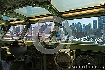 Captains bridge. An exhibition on the deck of the USS Intrepid Sea, Air and Space Museum. Editorial Stock Photo