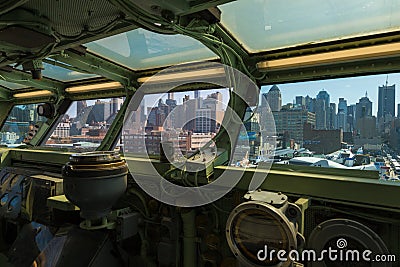 Captains bridge. An exhibition on the deck of the USS Intrepid Sea, Air and Space Museum. Editorial Stock Photo