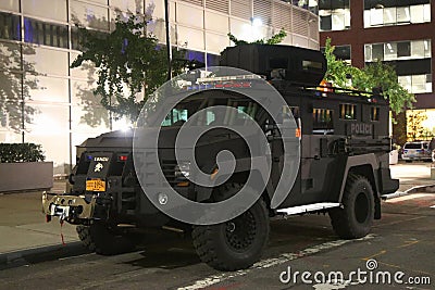 Port Authority Police armored vehicle near terror attack crime scene in lower Manhattan in New York. Editorial Stock Photo