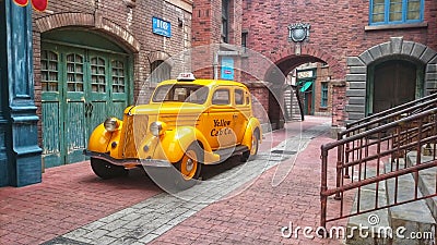 New York. 2018. Old retro yellow cab taxi near service center chrysler and Plymouth. On the street of antique new york. Editorial Stock Photo