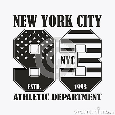 New York print with number in USA flag style. Design clothes, stamp for t-shirt, athletic apparel graphic. Vector. Vector Illustration