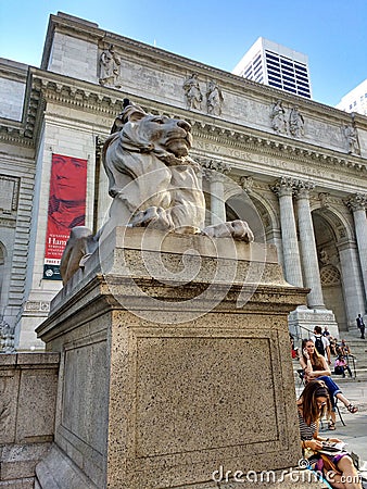 New York Public Library Main Branch, Stephen A. Schwarzman Building, Library Lion Patience, New York City, NY, USA Editorial Stock Photo