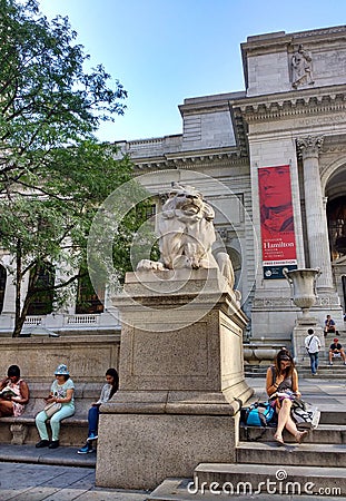 New York Public Library Main Branch, Stephen A. Schwarzman Building, Library Lion Patience, New York City, NY, USA Editorial Stock Photo
