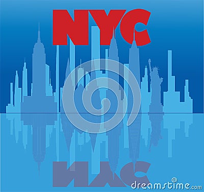 New York red lettering, skyscrapers and travel icons reflecting in light blue water. Travel Vector Illustration