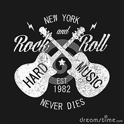 New York rock-n-roll print for apparel with guitar. Design for vintage clothes. Vector illustration. Vector Illustration