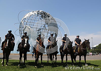 NYPD mounted unit police officer ready to protect public in Flushing Meadows Park Editorial Stock Photo