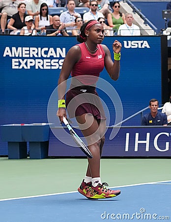 Coco Gauff of United States in action during round of 16 match against Caroline Wozniacki of Denmark at the 2023 US Open Editorial Stock Photo