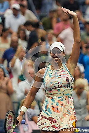 Madison Keys celebrates victory after round of 16 match against Jessica Pegula at the 2023 US Open Editorial Stock Photo