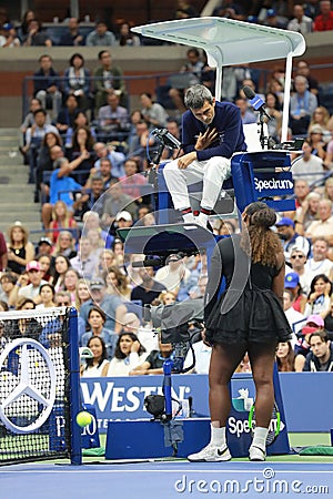 23-time Grand Slam champion Serena Williams argues with chair umpire Carlos Ramos during her 2018 US Open final match Editorial Stock Photo