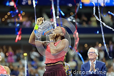 2023 US Open Champion Coco Gauff of United States during trophy presentation after final match against Aryna Sabalenka of Belarus Editorial Stock Photo