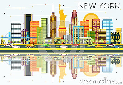 New York Skyline with Color Buildings, Blue Sky and Reflections. Stock Photo