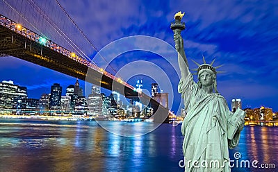 New York skyline and Liberty Statue at Night, NY, USA Stock Photo
