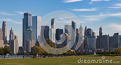 New York Skyline showing several prominent buildings and hotels under a blue sky Stock Photo