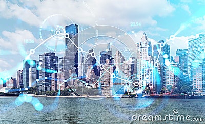 New York skyscrapers, stock market graphs with binary and lines Stock Photo