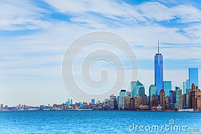 New York skyscrapers view from waters of harbor Stock Photo
