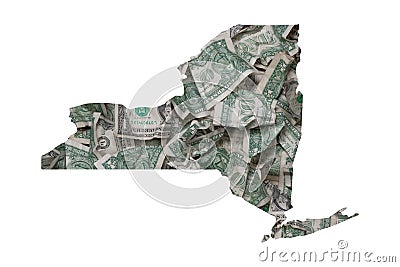 New York State Map Outline, Crumpled United States Dollars, Waste of Money Concept Stock Photo