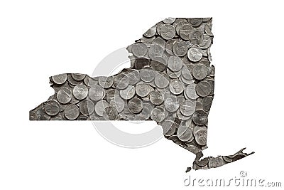 New York State Map Outline with Piles of Shiny United States Nickels, Money Concept Stock Photo