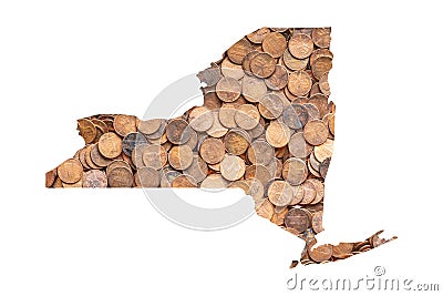 New York State Map Outline and United States Money Concept, Piles of Coins, Pennies Stock Photo