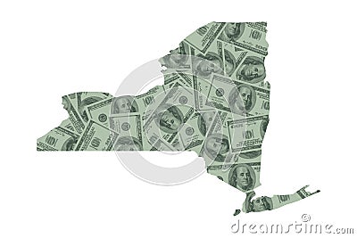 New York State Map Outline and United States Money, Hundred Dollar Bills Stock Photo