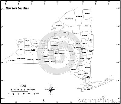 New york state outline administrative and political vector map in black and white Vector Illustration