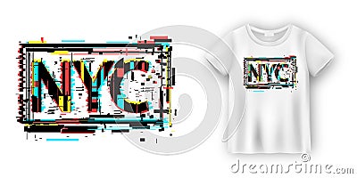 New York typography in glitch effect for t shirt. Modern print. Apparel abstract poster Cartoon Illustration