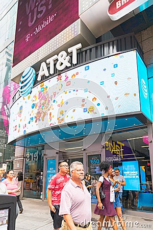 Sign of AT&T posted in New York city, Times Square. Editorial Stock Photo