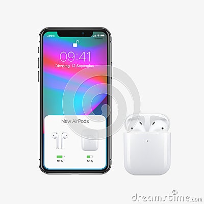 New York, USA - August 22, 2018: Stock vector illustration realistic new AirPods wireless Earphones in box and new Apple iPhone X Vector Illustration