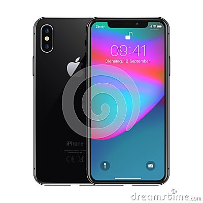 New York, USA - August 22, 2018: Stock vector illustration realistic new Apple iPhone X 10. Frameless full screen mockup mock-up Vector Illustration