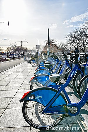 New York, USA. Citi Bike rental service on the Hudson River Greenway. Editorial Stock Photo