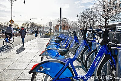 New York, USA. Citi Bike rental service on the Hudson River Greenway. Editorial Stock Photo