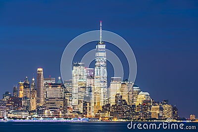 New york,usa, 08-25-17: new york city skyline at night with reflection in hudson river Editorial Stock Photo