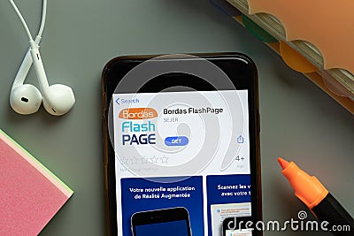 New York, USA - 1 December 2020: Bordas FlashPage mobile app icon on phone screen top view, Illustrative Editorial Editorial Stock Photo