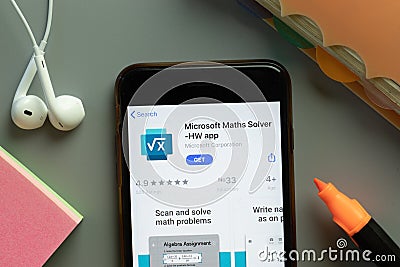 New York, USA - 1 December 2020: Microsoft Maths Solver HW mobile app icon on phone screen top view, Illustrative Editorial Editorial Stock Photo