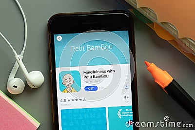 New York, USA - 1 December 2020: Mindfulness with Petit BamBou mobile app icon on phone screen top view, Illustrative Editorial Editorial Stock Photo