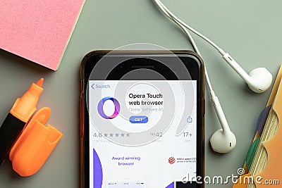 New York, USA - 1 December 2020: Opera Touch web browser mobile app icon on phone screen top view, Illustrative Editorial Editorial Stock Photo