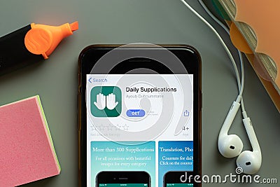 New York, USA - 1 December 2020: Daily Supplications mobile app icon on phone screen top view, Illustrative Editorial Editorial Stock Photo