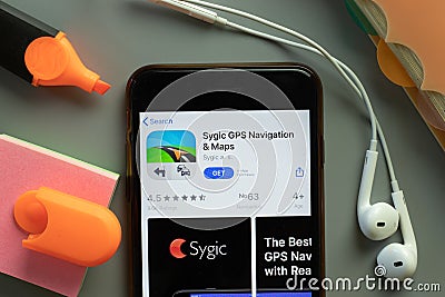 New York, USA - 1 December 2020: Sygic GPS Navigation mobile app icon on phone screen top view, Illustrative Editorial Editorial Stock Photo