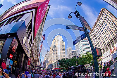 NEW YORK, USA - JUNE 22, 2017: Unidentified people walking in Broadway street and enjoying the beautiful city of New Editorial Stock Photo