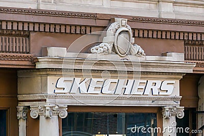 NEW YORK, USA - MAY 15, 2019: Close up view of a sign outside a Skechers store in New York Editorial Stock Photo