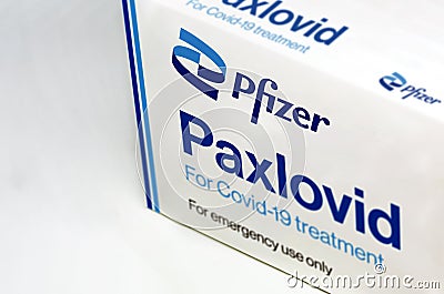 Pfizer Covid-19 Paxlovid treatment box isolated on a white background Editorial Stock Photo