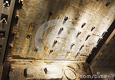 Detailed view of the Twin Tower foundations remains in the National 9-11 Memorial Museum in lower Manhattan, New York Editorial Stock Photo