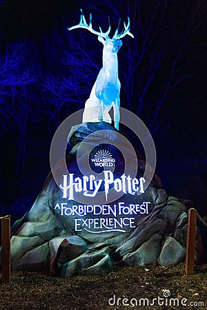 New York, USA - November 21, 2022: The White Stag statue at Harry Potter Forbidden forest experience Editorial Stock Photo