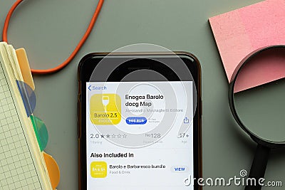 New York, USA - 26 October 2020: Enogea Barolo docg Map mobile app logo on phone screen close up, Illustrative Editorial Editorial Stock Photo