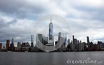 New York, USA - One world trade center Building, observation tower Manhattan New York skyline skyscraper from ferry Editorial Stock Photo